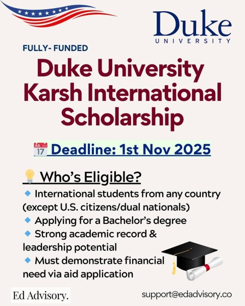 Программа стипендий Duke University Karsh International Scholarship 2025/26 в США