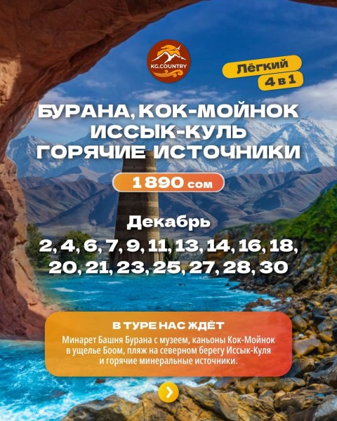 Тур «4 в 1»: башня Бурана + каньон Кок-Мойнок + берег Иссык-Куля + горячие минеральные источники | 25.12.2025 