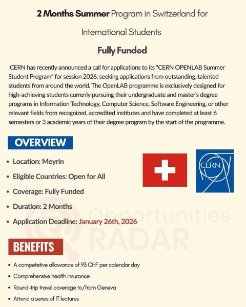 Летняя финансируемая студенческая программа CERN OPENLAB 2026