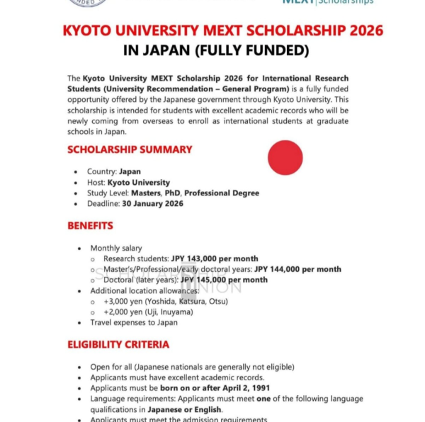 Программа стипендий Kyoto University MEXT Scholarship 2026 в Японии