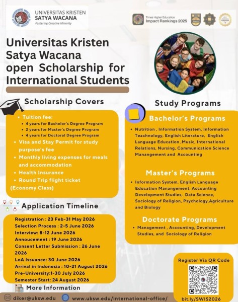 Программа стипендий Universitas Kristen Satya Wacana Scholarships 2026 в Индонезии