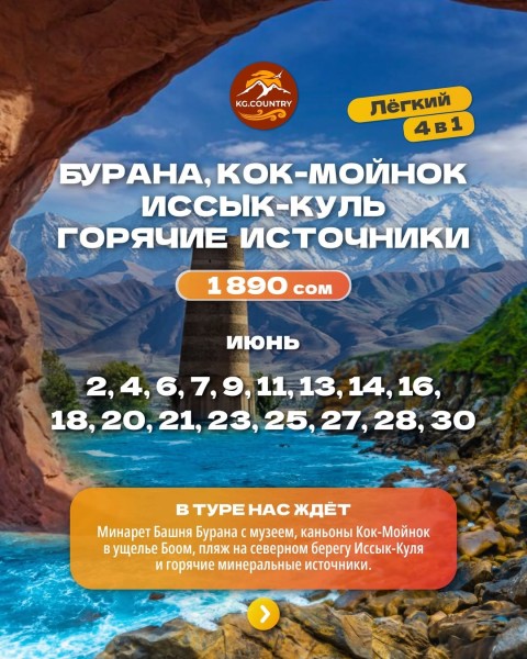 ТУР «4 в 1»: башня Бурана + каньон Кок-Мойнок + берег Иссык-Куля + горячие минеральные источники | 25 июня 2026
